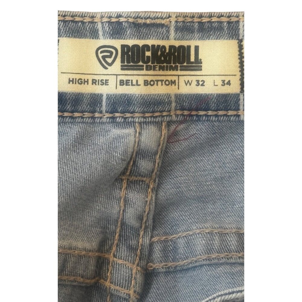 Rock & Roll Denim High Rise Bell Bottom Jeans W32 L34 Striped Frayed Hem - Picture 6 of 10